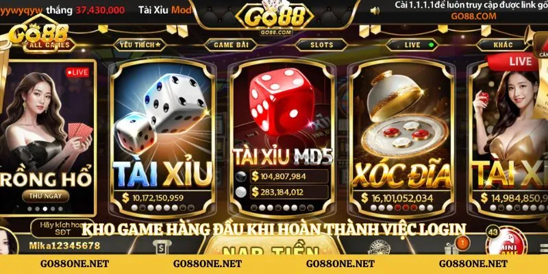 Kho game hàng đầu khi hoàn thành việc login